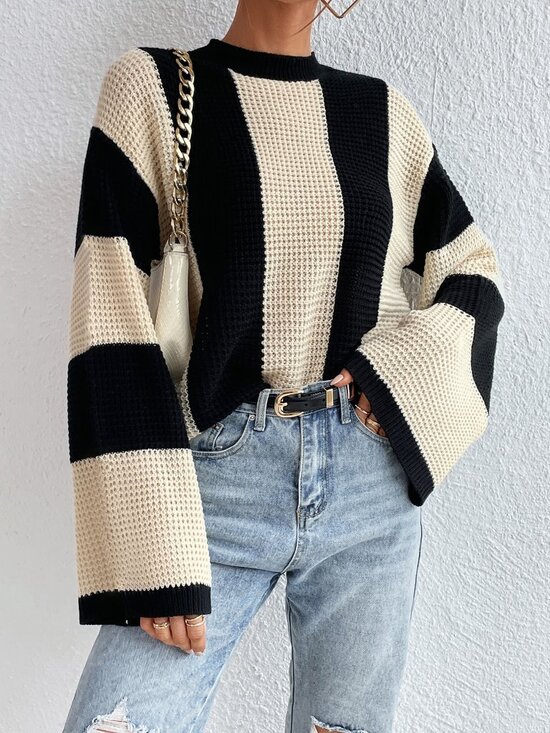 Sweaters - Black And White Casual Women's Two Tone Drop Shoulder Sweater